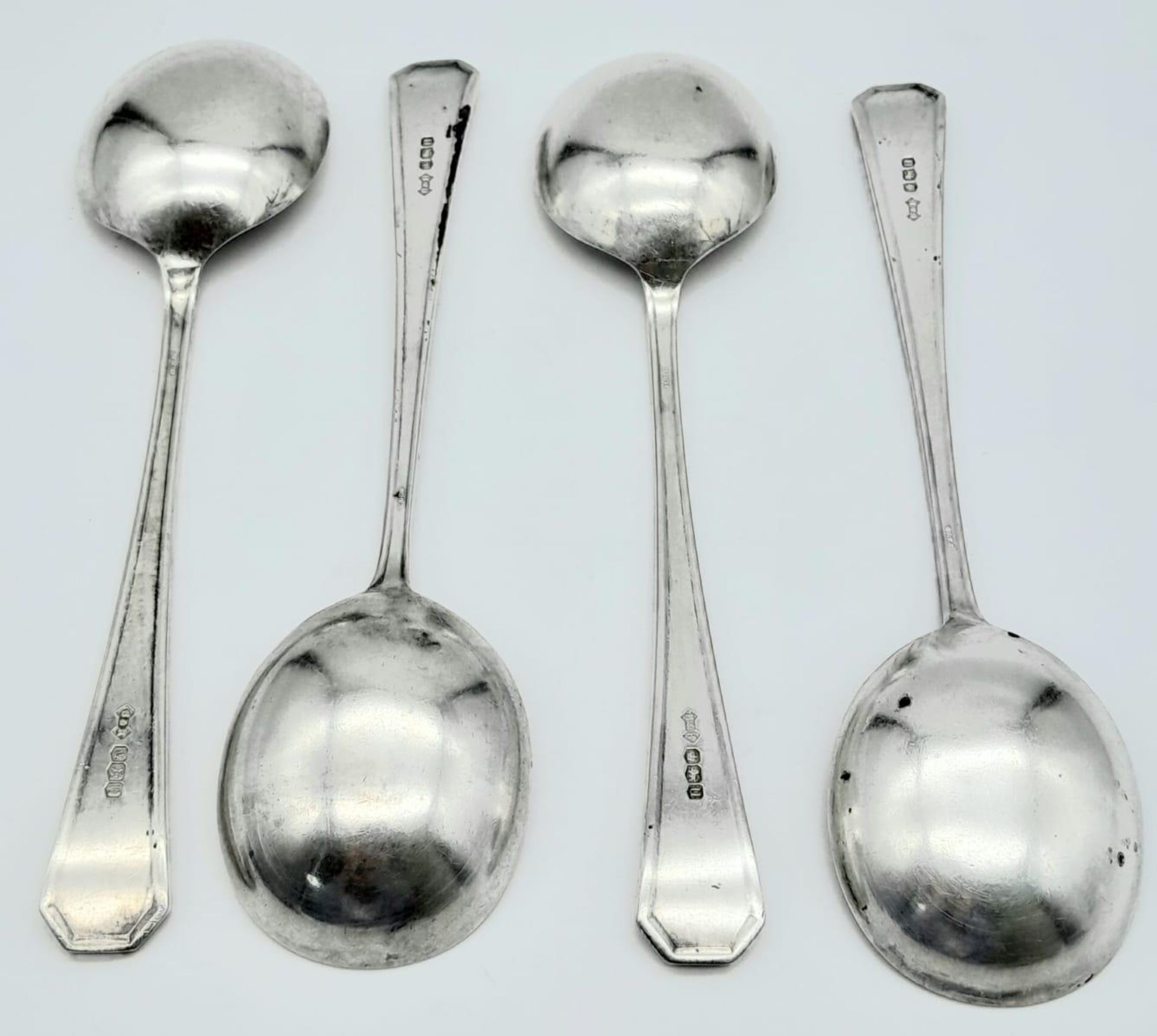 Four 1937 Sheffield Sterling Silver Serving Spoons. Full UK hallmarks. 327g total weight. 20cm - Image 3 of 4