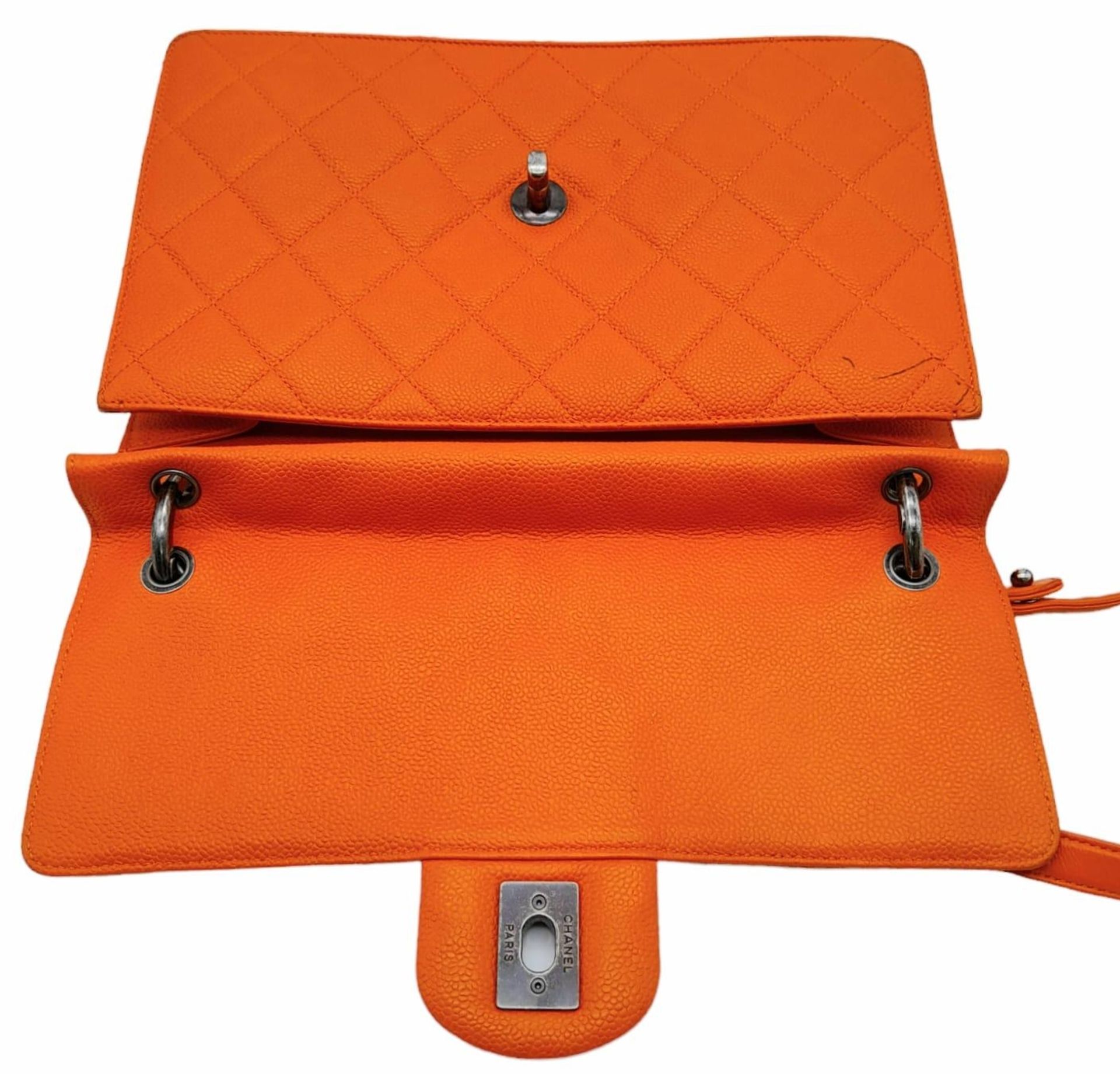 A Chanel Quilted Orange Caviar Leather Shoulder Bag. Quilted pattern exterior with gunmetal - Image 4 of 13