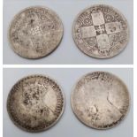 Two Victorian Silver Florin Coins. Roman numerals. 1853 and 1885. Please see photos for conditions.