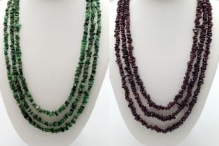 Two Rope Length Rough Natural Necklaces: Garnet and Emerald. 150cm.