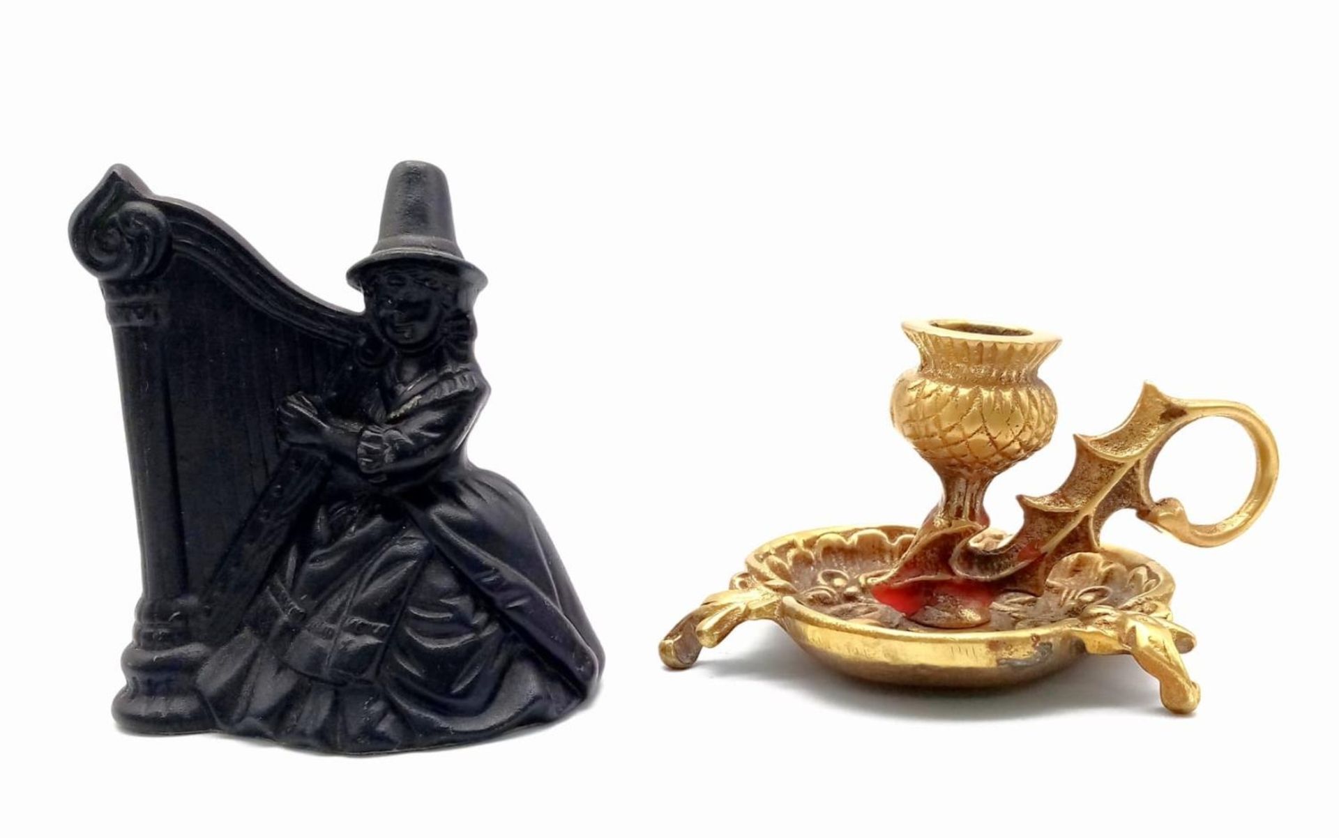 A Vintage Small Brass Candle Holder and a Coal Lady Figurine - 10cm.