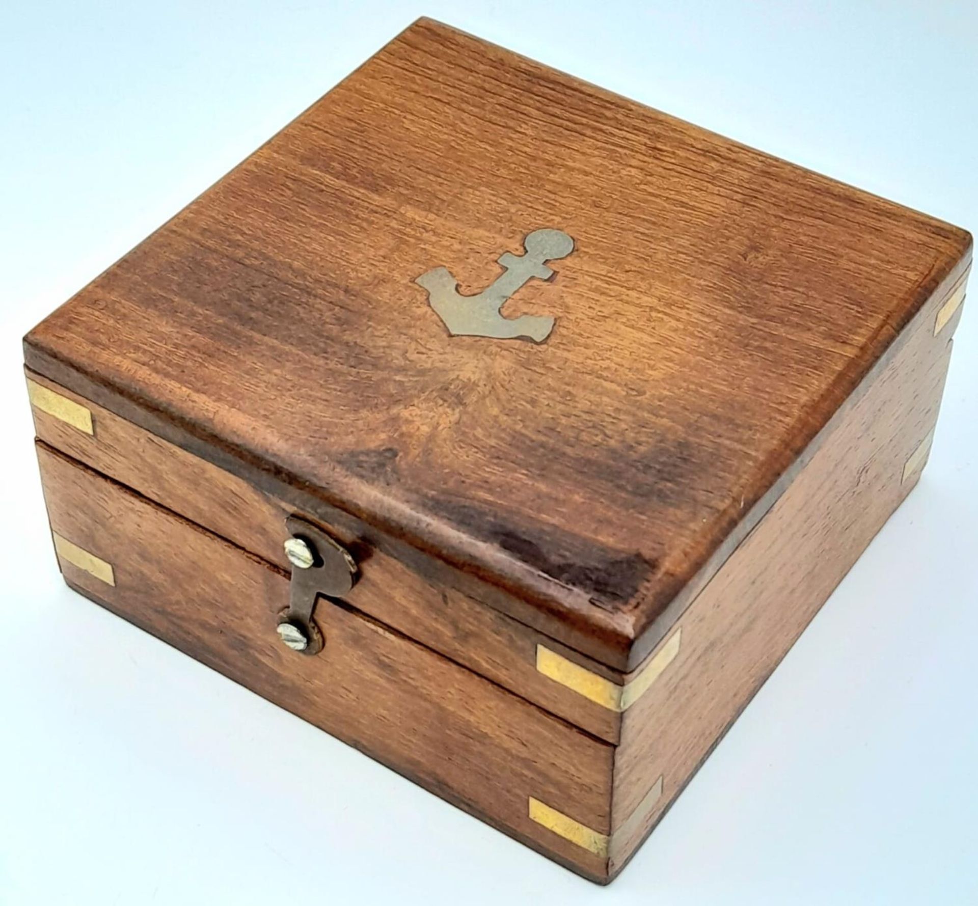 A Portable Folding Bronze Sundial/Compass in its own Wooden Presentation Case. 7.5cm. In good - Image 7 of 9