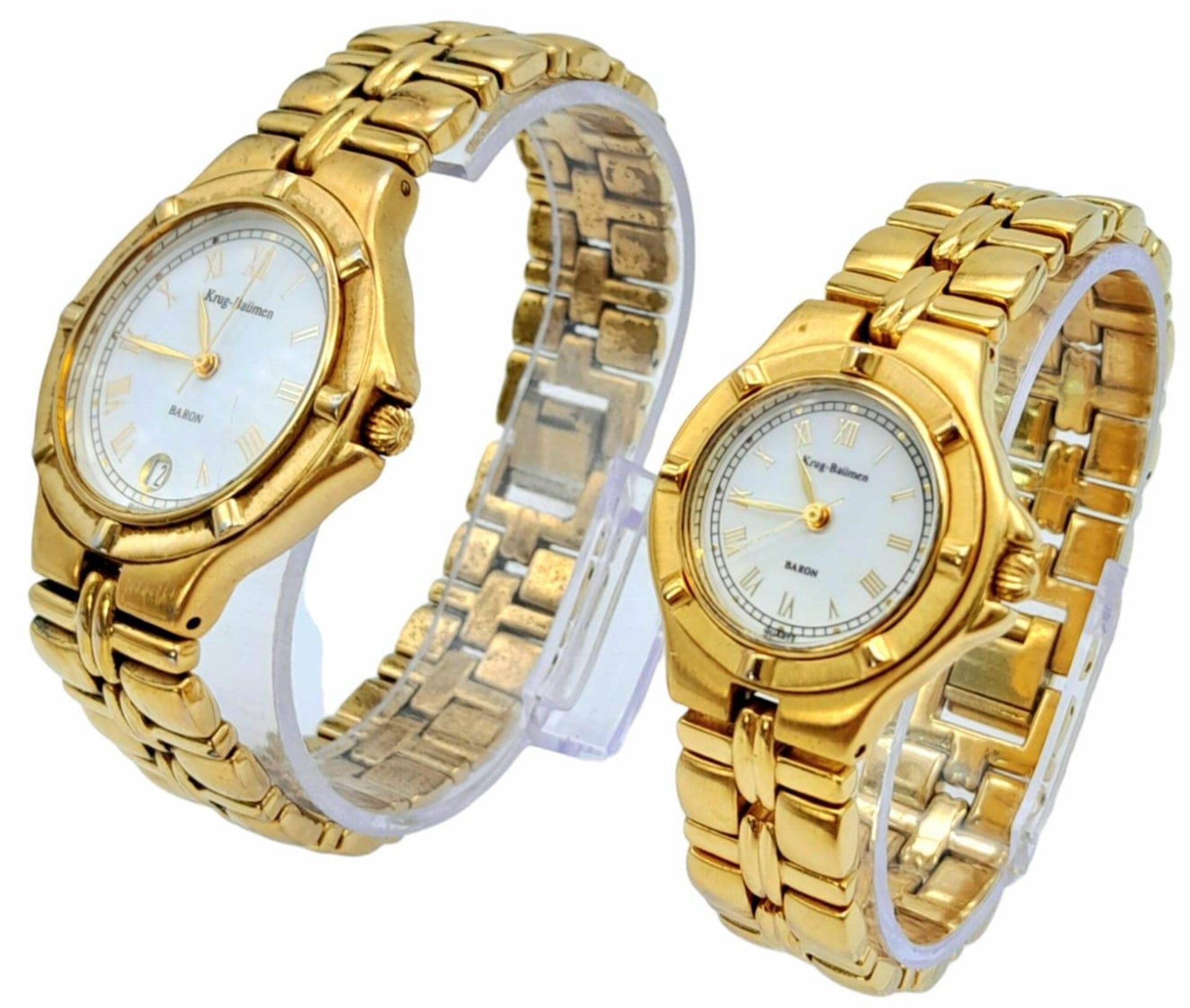 A Matching Pair of His and Hers Gold Tone Watches by Krug-Baumen. Men’s watch is 46mm Including - Image 2 of 5