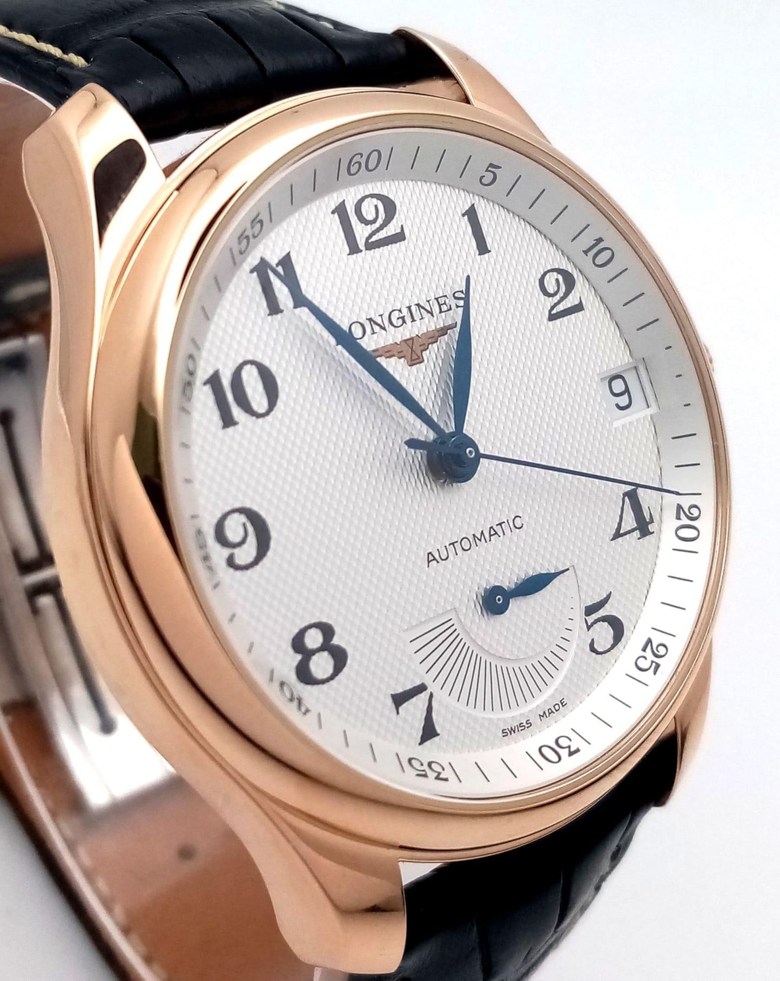 A Glorious Longine 18K Rose Gold Automatic Gents Watch. Black Alligator leather strap. 18K rose gold - Image 3 of 9