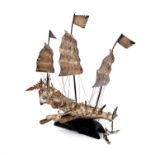 Early Chinese Silver (tested) Warship Model. Excellent detail with rigging, cannons and oars.