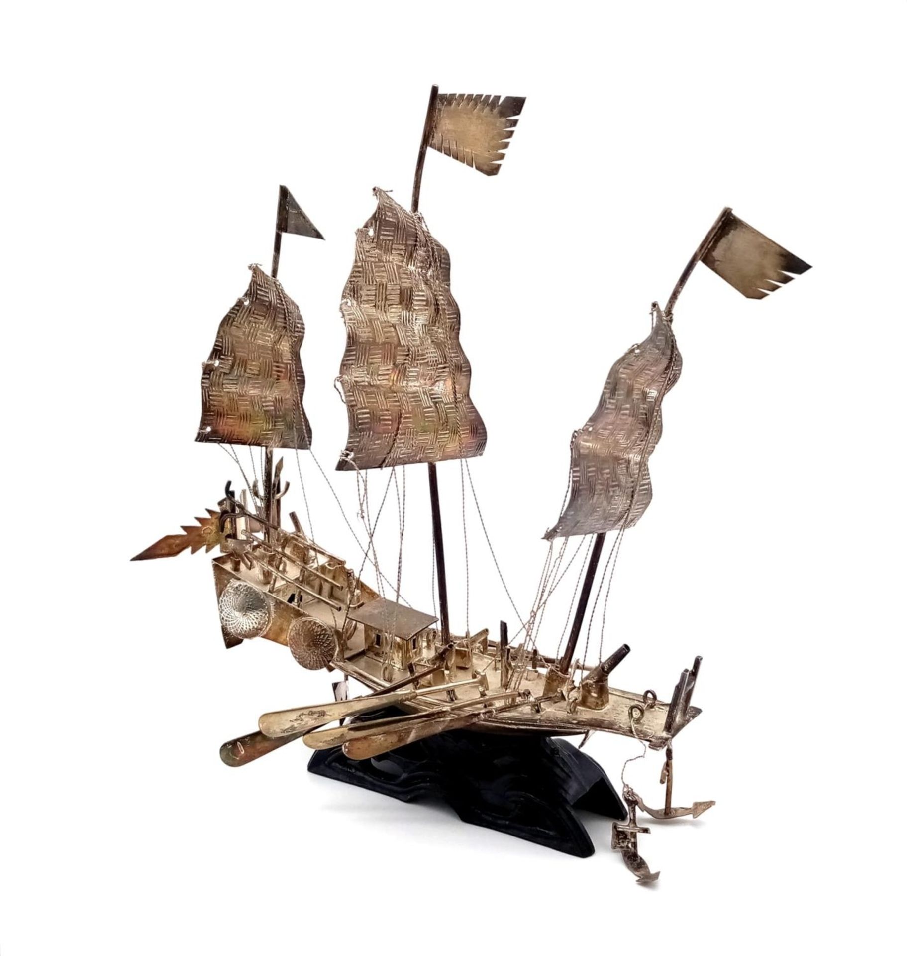 Early Chinese Silver (tested) Warship Model. Excellent detail with rigging, cannons and oars.