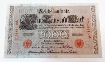 A German 1910 1000 Mark Banknote. In good condition.