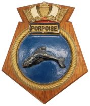 A Very Rare WW2 Royal Navy ‘HMS Porpoise’ Metal Tampion/Tompion Crest Mounted on a Mahogany