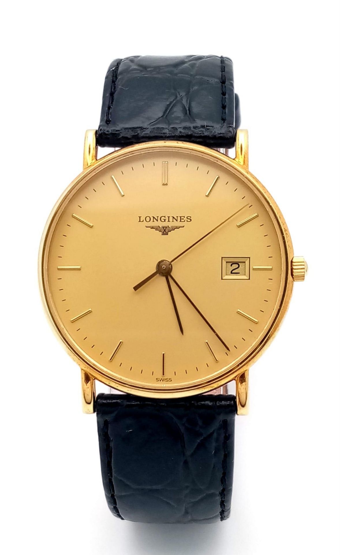 A Longine 18K Gold Cased Gents Watch. Black leather strap. 18k gold case - 33mm. Gilded dial with - Bild 4 aus 11