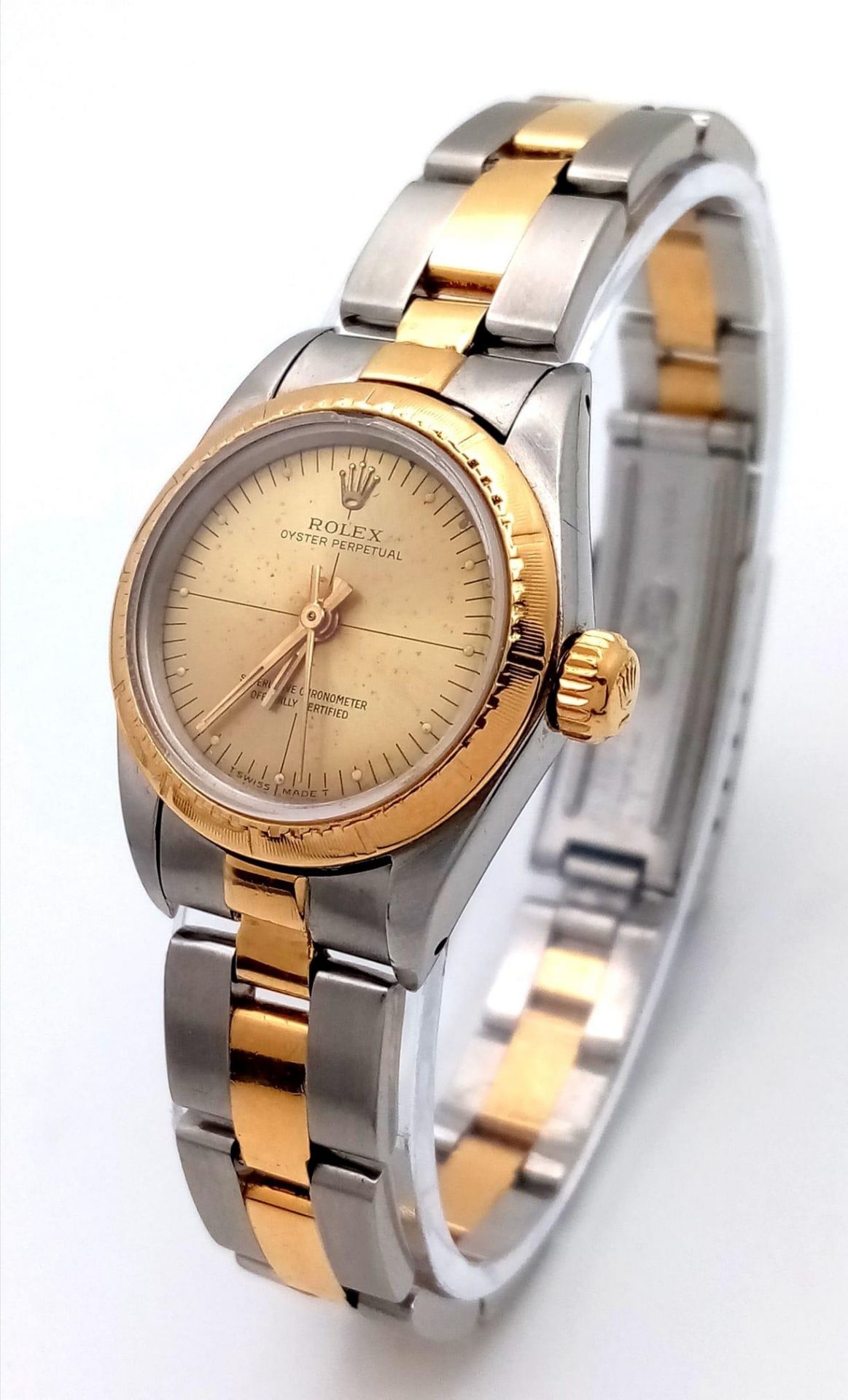 A ROLEX LADIES BI-METAL AUTOMATIC WATCH WITH GOLDTONE DIAL , LATEST STYLE STRAP AND ORIGINAL ROLEX