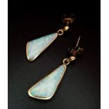 A PAIR OF 9K YELLOW GOLD OPAL SET DROP EARRINGS. TOTAL WEIGHT 2.8G