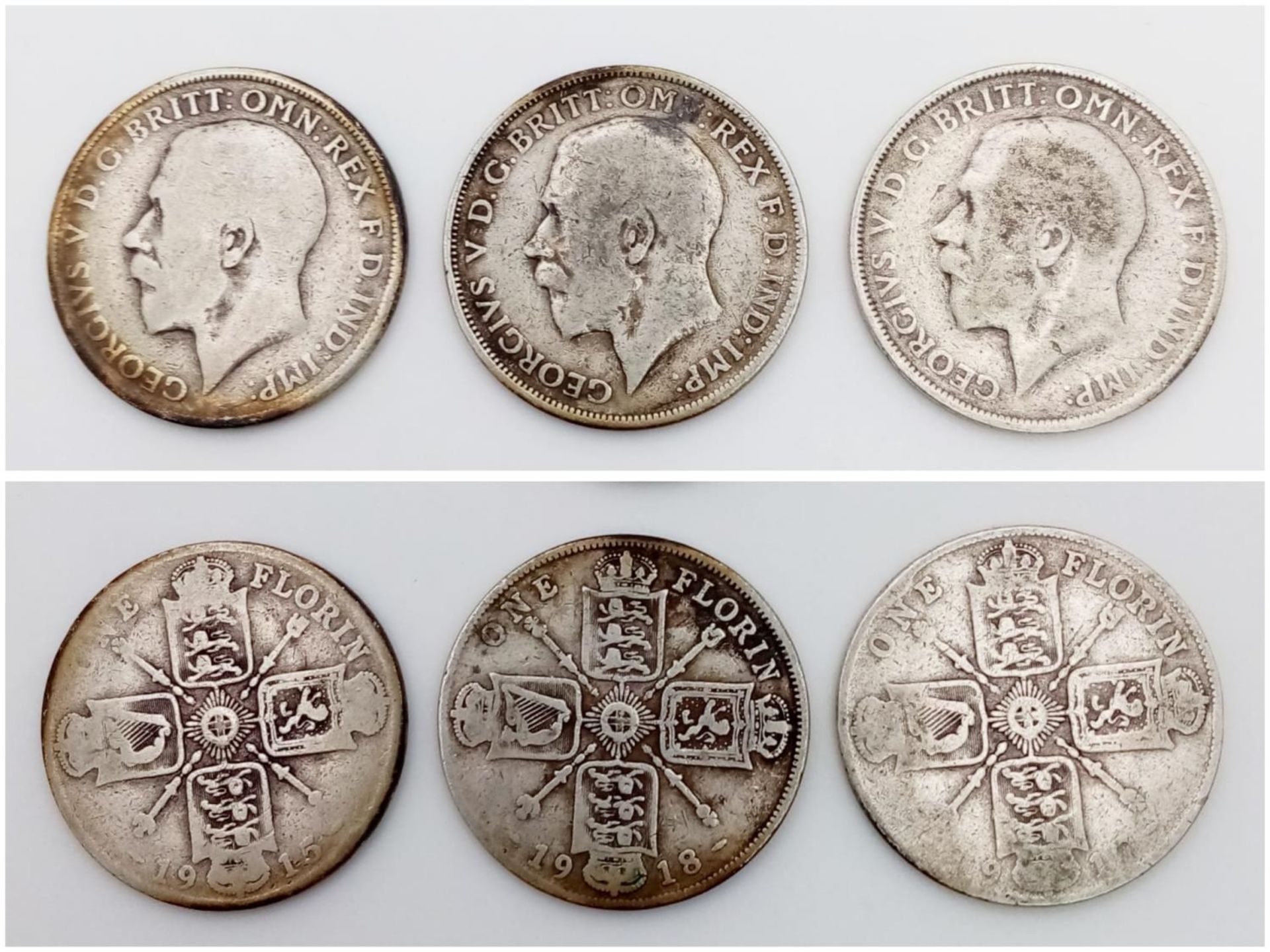 Three 1918 George V Silver Florin Coins. 1910,15 and 18. Please see photos for conditions.