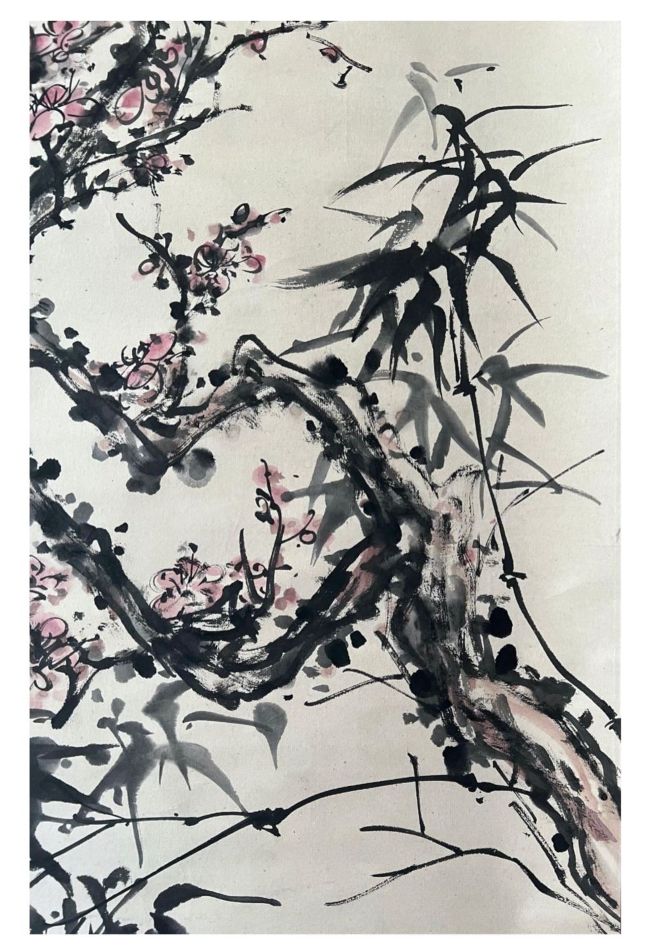 Plum blossom and bamboos - Chinese ink and watercolour on paper scroll. In memory of the noble - Image 5 of 7