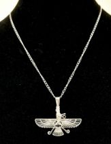 An 18K White Gold Zoroastrian Winged Deity Pendant on an 18K White Gold Disappearing Necklace.