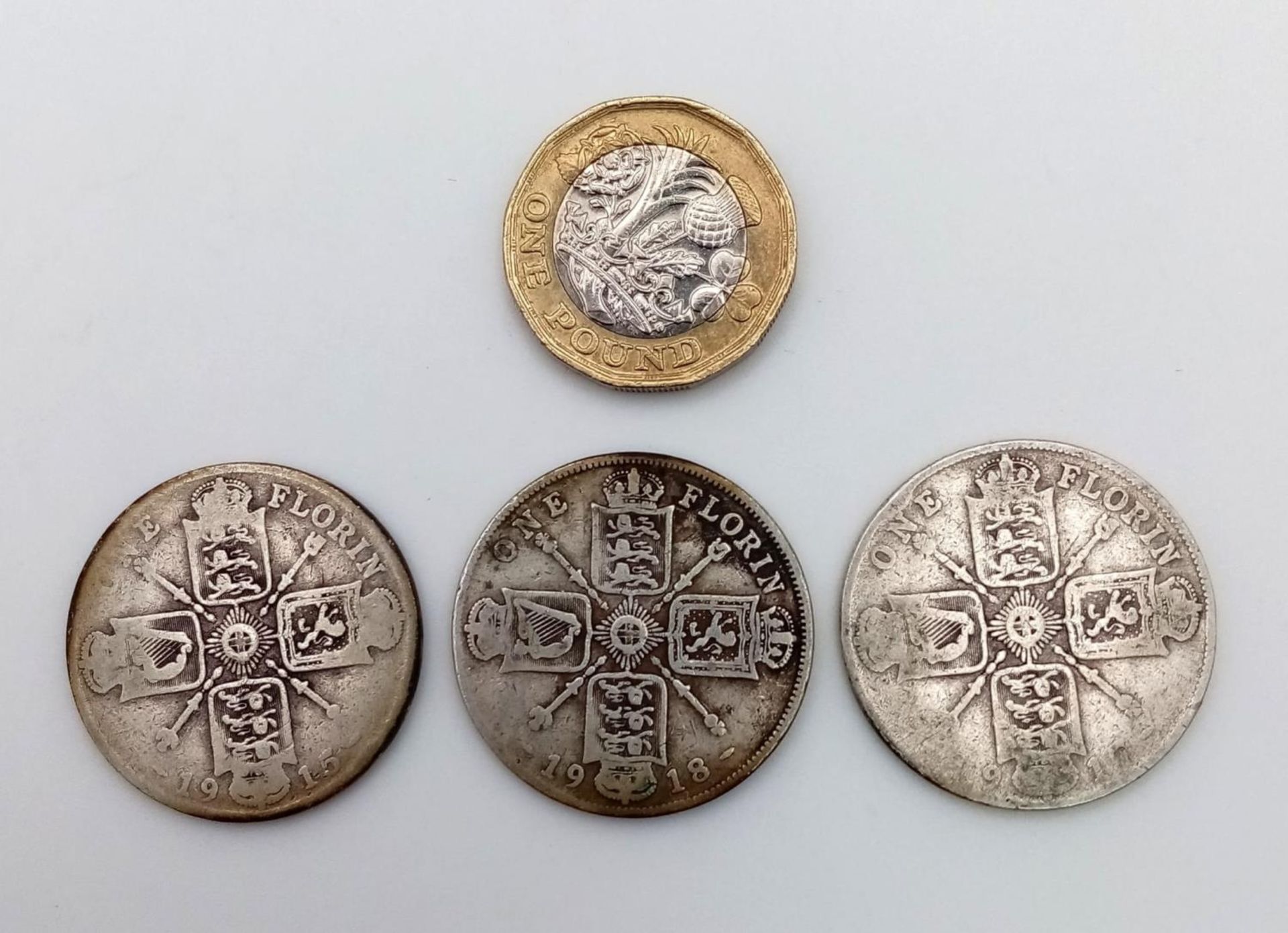 Three 1918 George V Silver Florin Coins. 1910,15 and 18. Please see photos for conditions. - Image 2 of 2