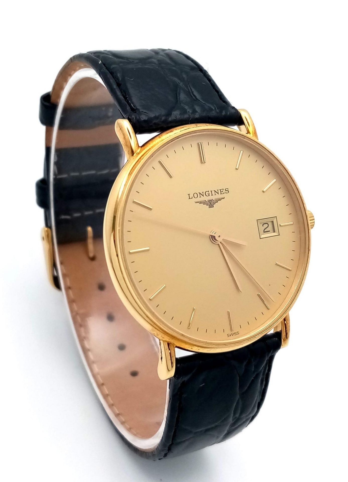 A Longine 18K Gold Cased Gents Watch. Black leather strap. 18k gold case - 33mm. Gilded dial with - Bild 6 aus 11