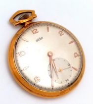 A Rare Vintage 1930s Arsa (Auguste Reymond) Gold Plated Pocket Watch. Top winder. White dial with