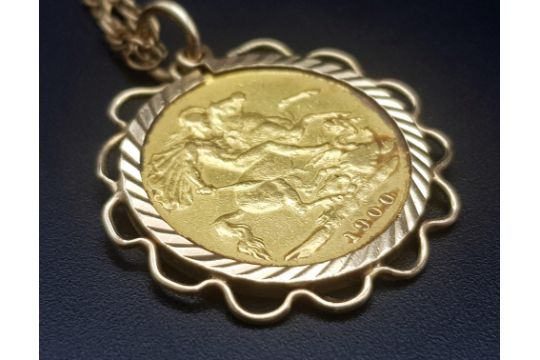 A 1900 22k Gold Queen Victoria Half Sovereign set in a 9K Gold Casing on a 9K Yellow Gold Chain - - Image 6 of 6