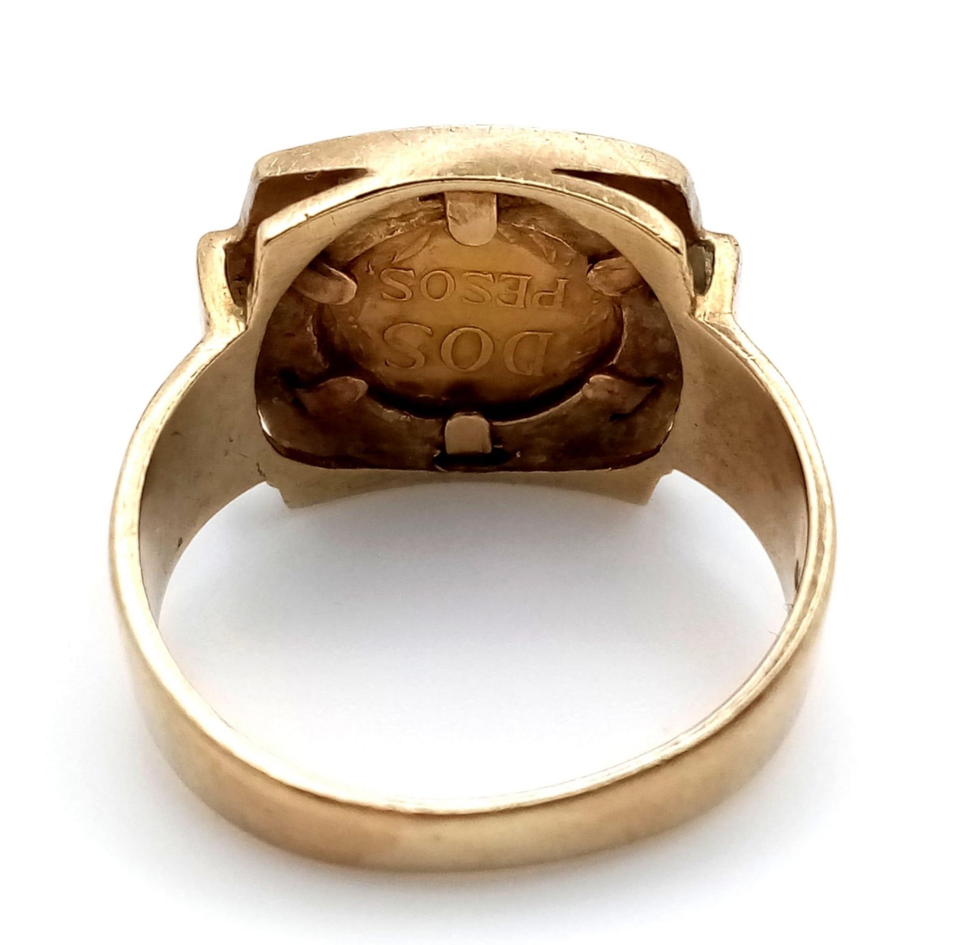 An 18K Gold Dos Pesos Mexican Coin set in a 9K Gold Ring. 6.6g total weight. Size R. - Image 3 of 4