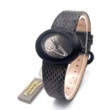 A Vivienne Westwood Oval Cased Quartz Ladies Watch. Grey leather strap. Ceramic oval case - 35mm. In
