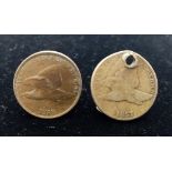 Two USA, Flying Eagle One Cent Coins. A 1857 (Holed) and a 1858. See photos for condition.