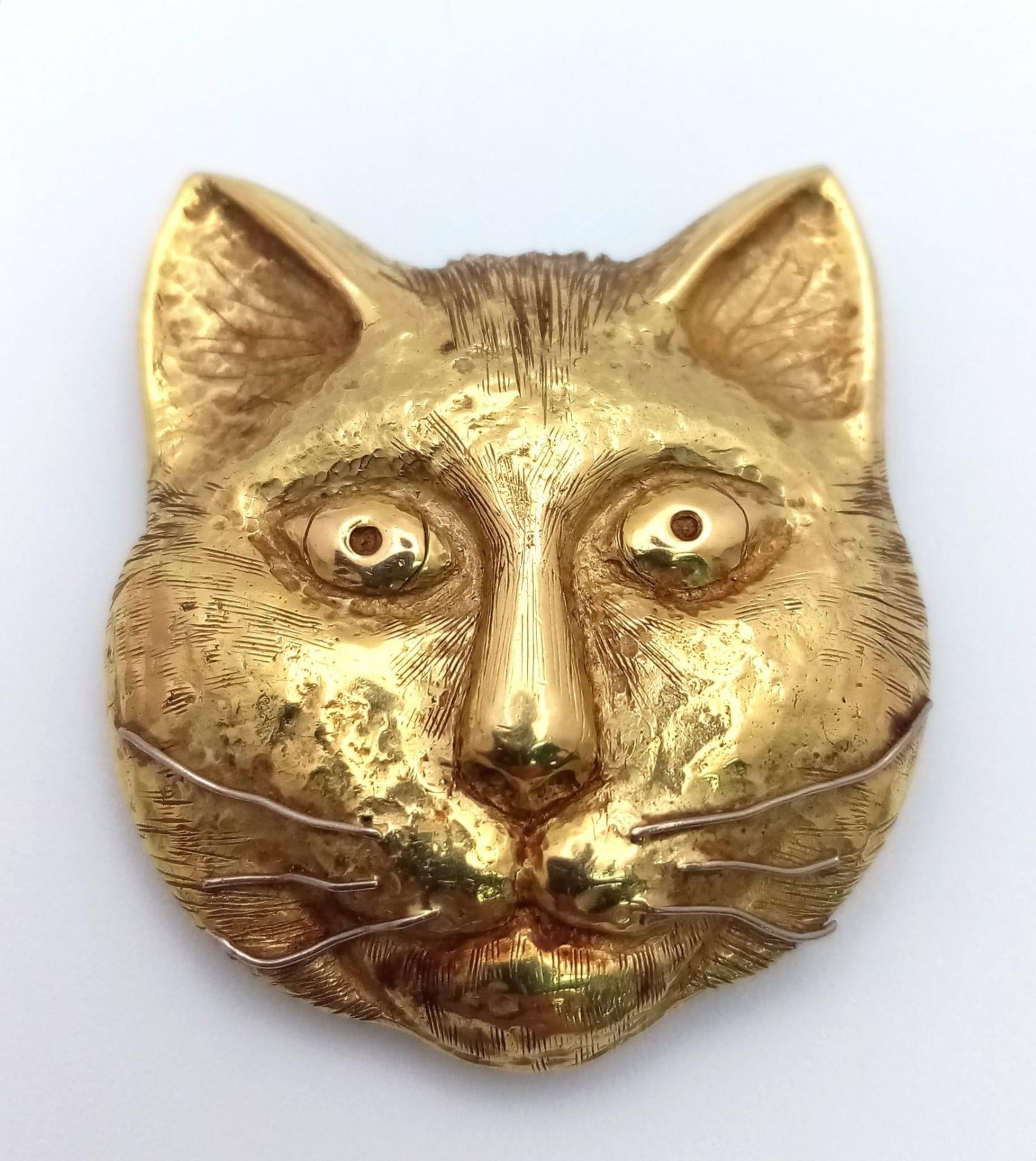 An 18K Yellow Gold (tested) Pussy Face Pendant! 3.5cm x 3cm. 11.45g weight.