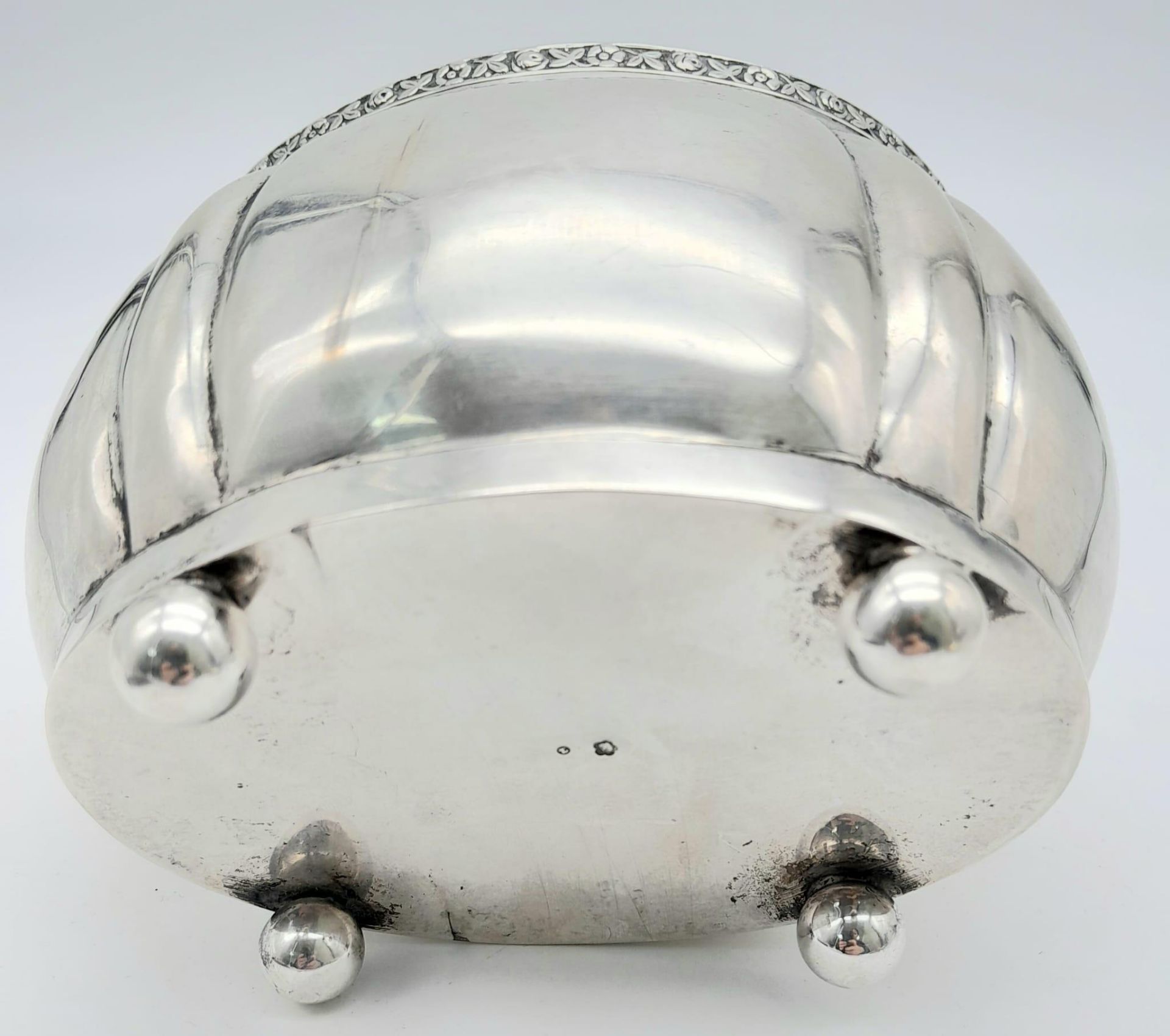 An Antique Austro-Hungarian Empire Silver Lidded Bowl. Decorative rim, four pedestal-ball feet. - Image 5 of 5