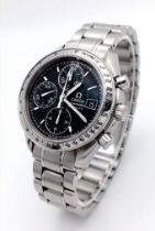 AN OMEGA "SPEEDMASTER" AUTOMATIC WATCH WITH 3 SUBDIALS , DATE BOX AND BLACK DIAL ALL SET IN
