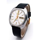 A Citizen Automatic 21 Jewel Gents Watch. Black leather strap. Stainless steel case - 37mm. White