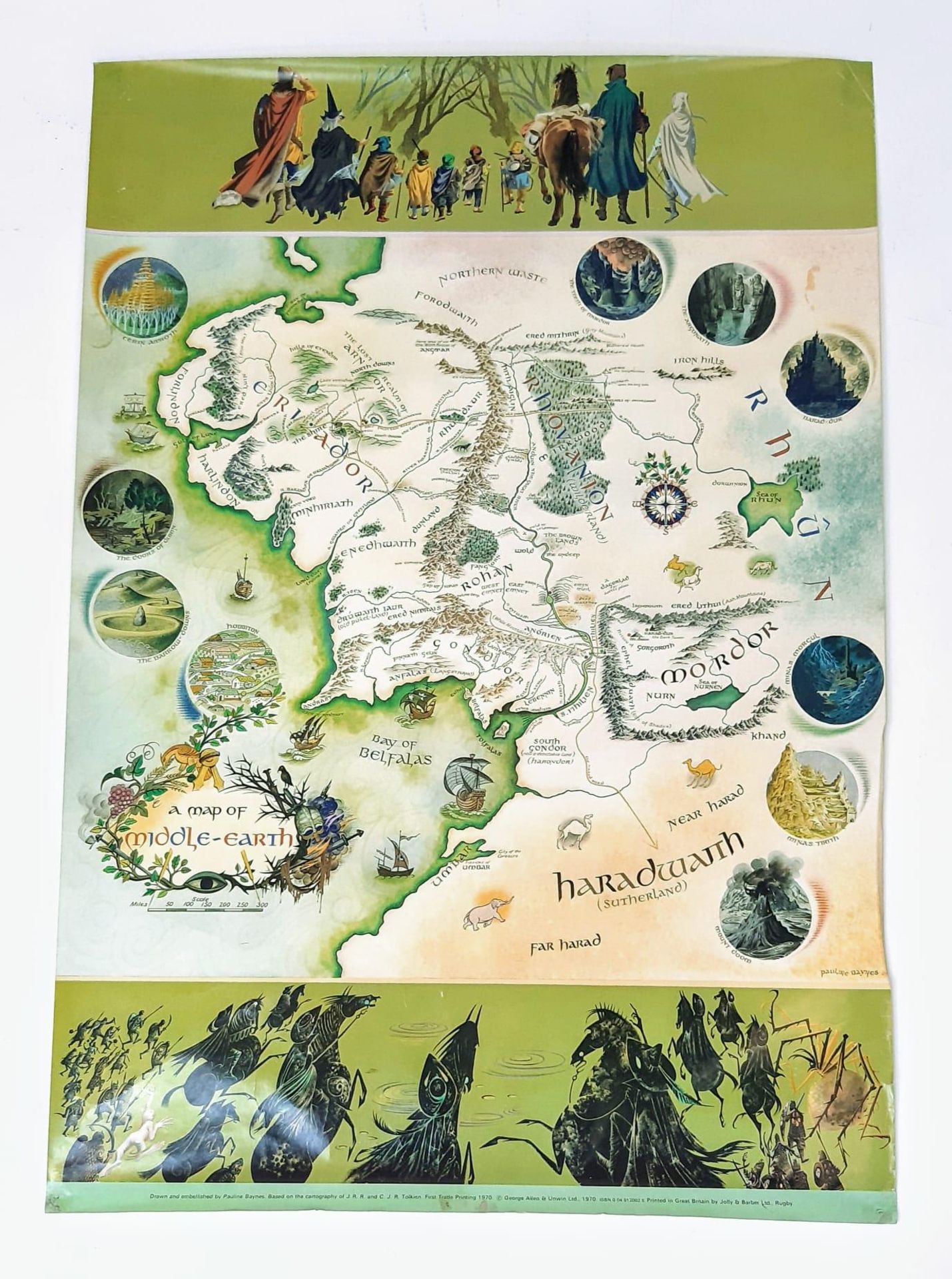 A rare 1970 first trade edition J.R.R.TOLKIEN map of middle earth by Pauline Baynes. Based on the