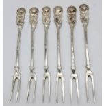 Six Antique Ornate 800 Silver Pickle/Relish Forks. 15cm length. 76g total weight.