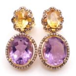 A Pair of Amethyst and Citrine Gemstone Drop Earrings with Diamond Surrounds. Set in 925 gilded
