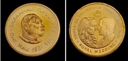 A 22K GOLD COMMEMORATIVE ENCAPSULATED COIN FROM TONGA 1981 MADE FOR THE MARRIAGE OF LADY DIANA