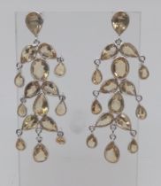 A fabulous pair of 925 silver cluster Lemon Quartz drop earrings (7cm drop). Total weight 9.8G.