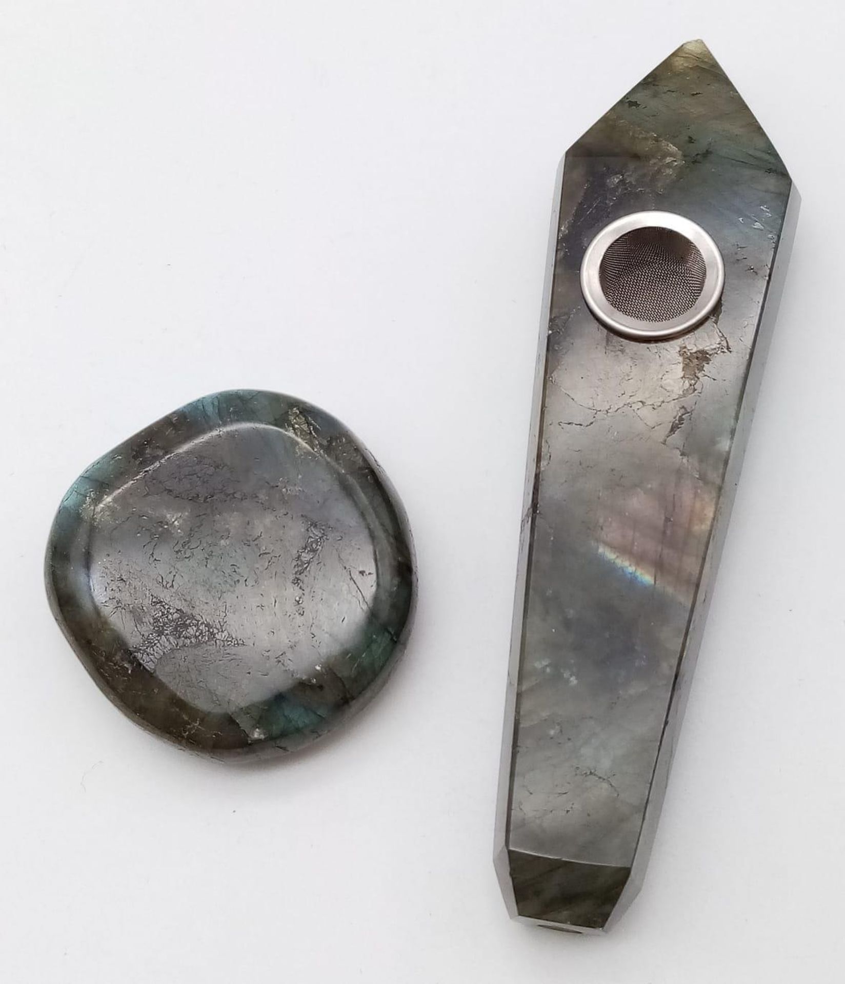 An Asian smoking pipe (probably for opium) made of labradorite (variety blue flash) in excellent/