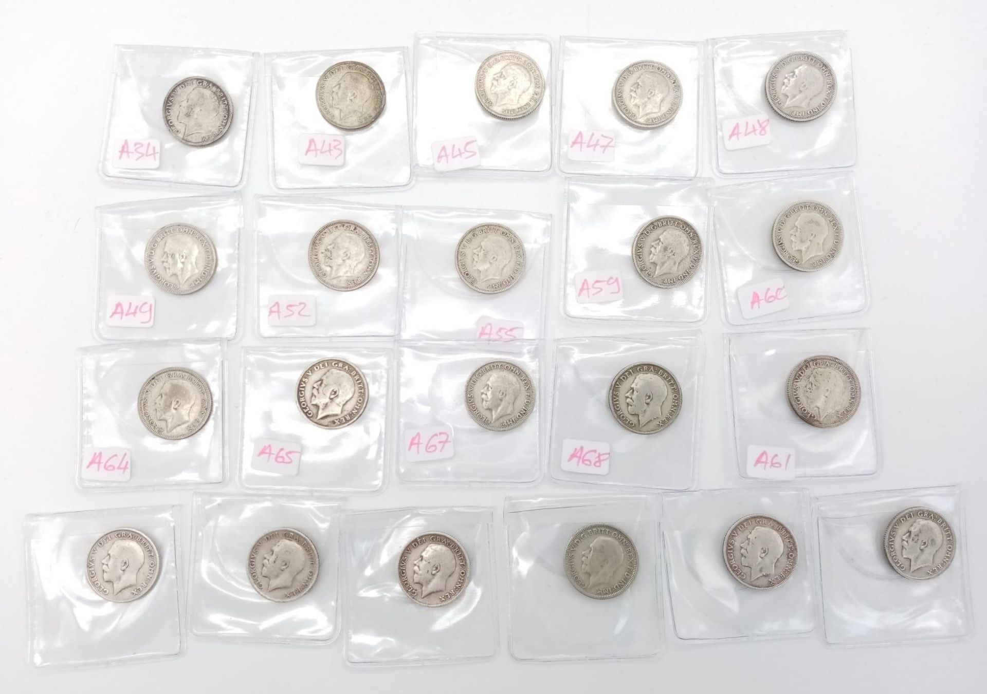 21 George V Pre 1947 Six Pence Silver Coins. 1911- 36 range. Good grades but please see photos. - Image 2 of 2