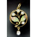 A 14K YELLOW GOLD SEED PEARL SET DROP PENDANT. TOTAL WEIGHT 2.8G
