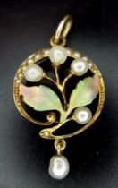 A 14K YELLOW GOLD SEED PEARL SET DROP PENDANT. TOTAL WEIGHT 2.8G
