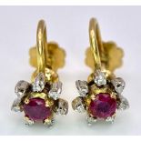 A PAIR OF 14K YELLOW GOLD DIAMOND & RUBY CLIP ON SCREW BACK STUD EARRINGS. TOTAL WEIGHT 2.7G