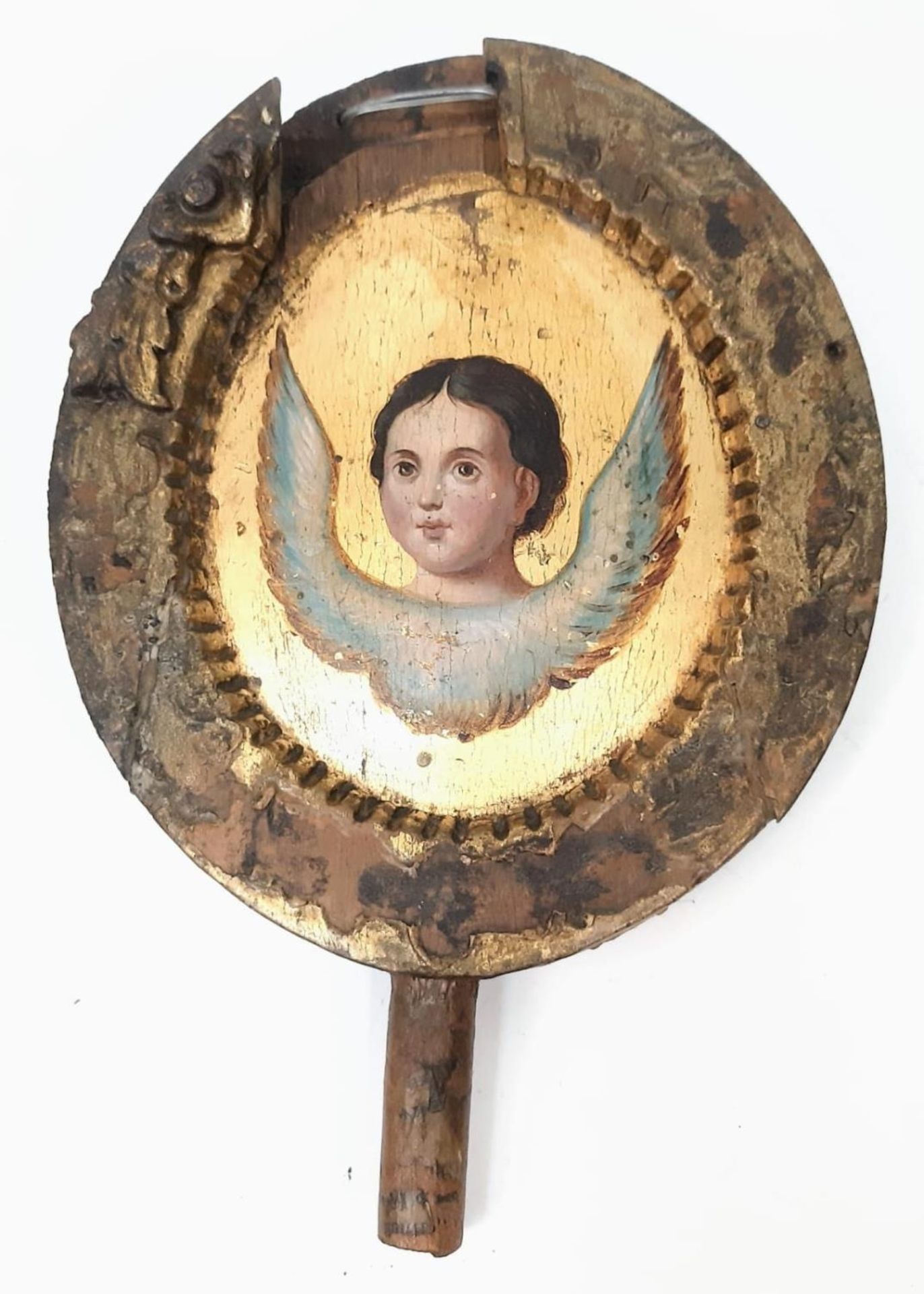 An Antique (Possibly Russian) Liturgical Fan. Oil on wood panel in the form of a winged angel. It