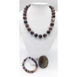 A Banded Agate Suite of Jewellery - Brooch, Necklace and Bracelet.