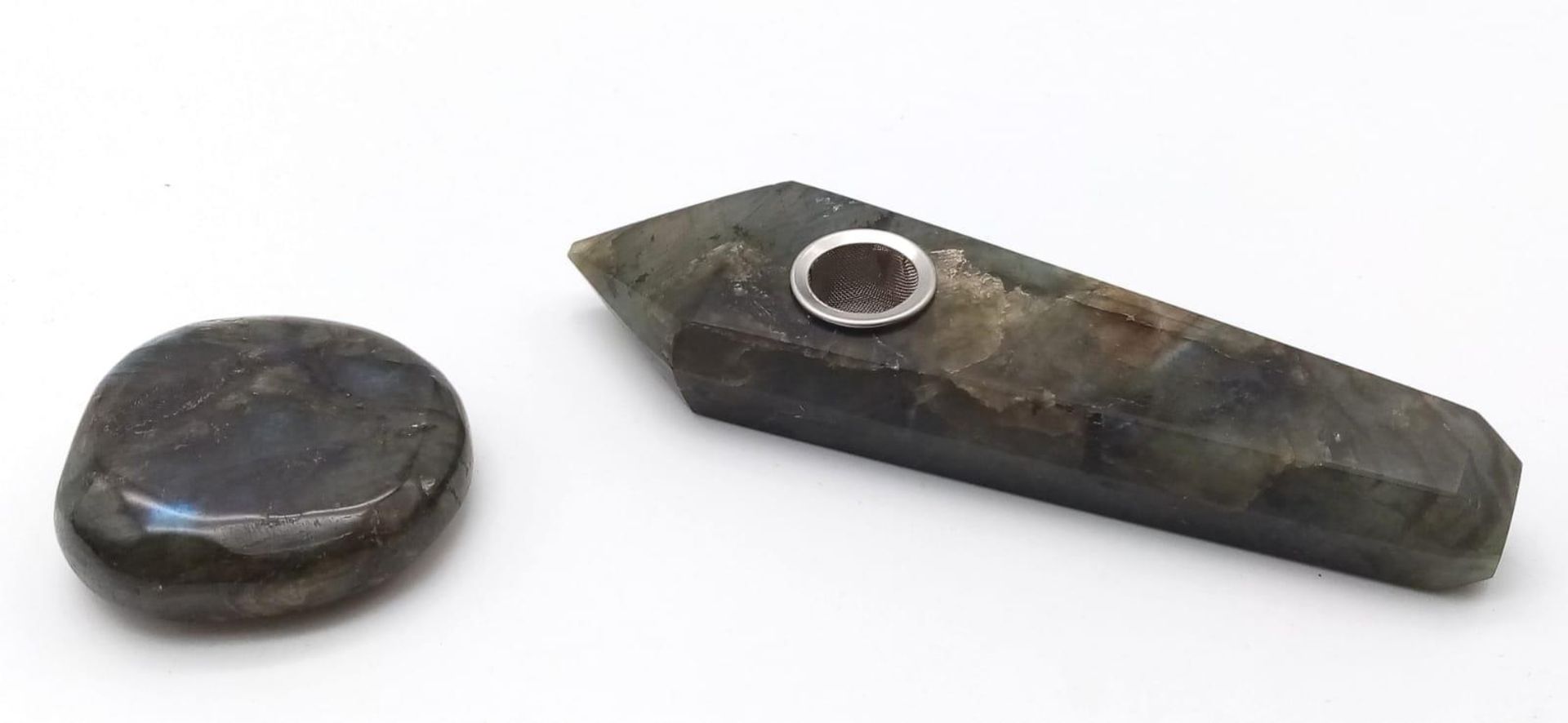An Asian smoking pipe (probably for opium) made of labradorite (variety blue flash) in excellent/ - Image 2 of 5