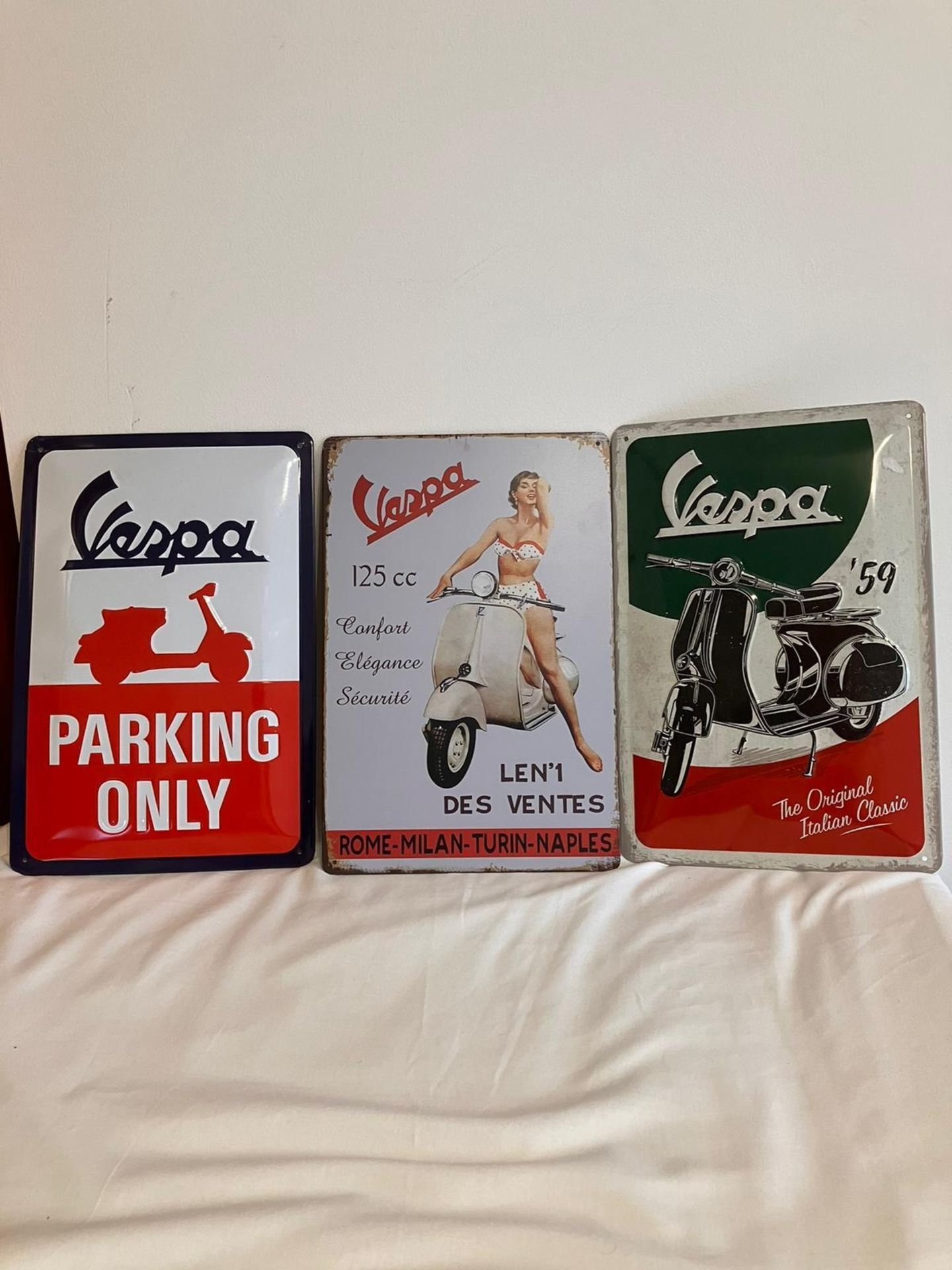3 x Vintage & repro VESPA SCOOTER metal signs. 12” x 8”. (30 x 20 cm).