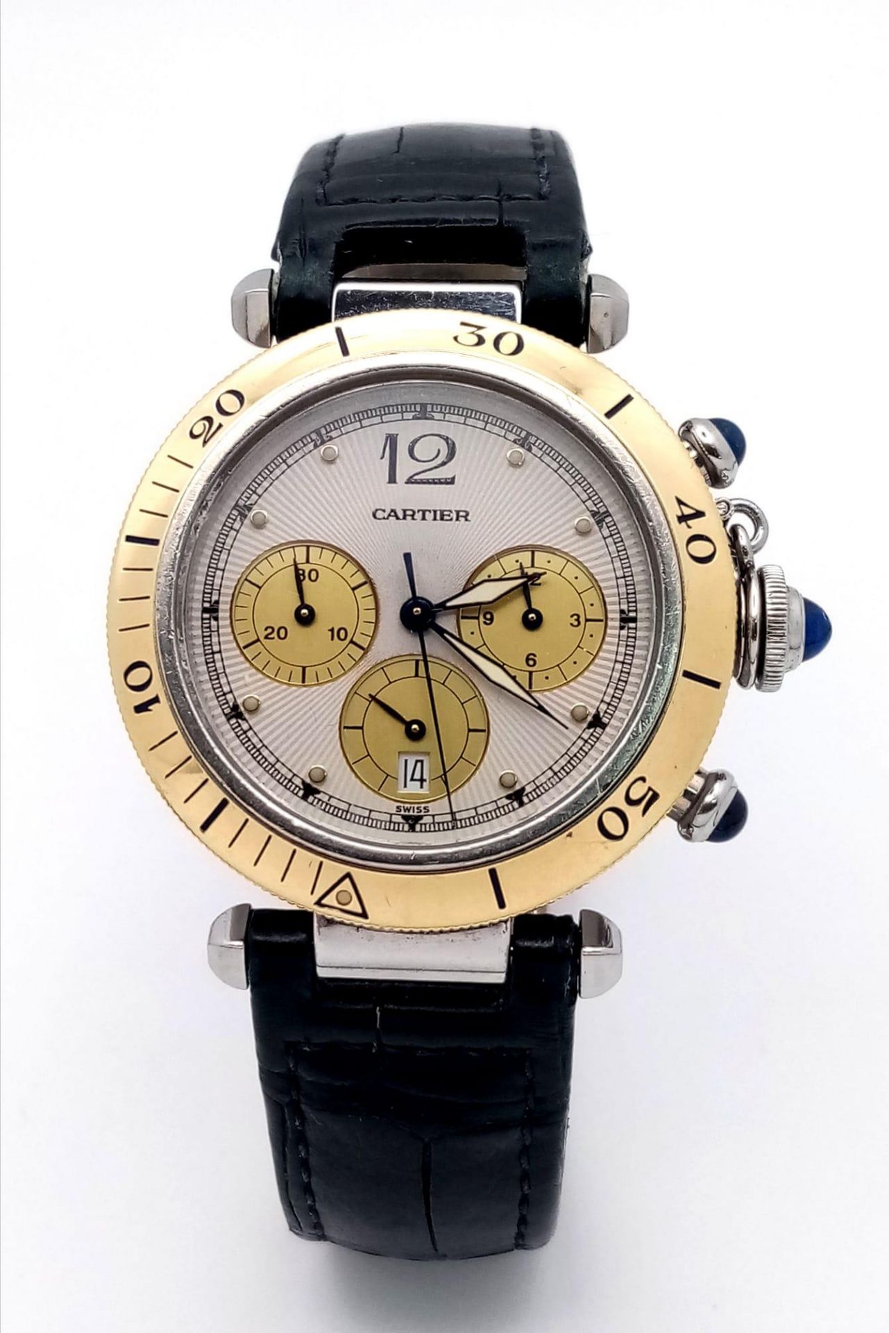 A Cartier Pasha de Cartier Chronograph Watch. Black leather Cartier strap. Yellow gold and stainless - Image 2 of 8