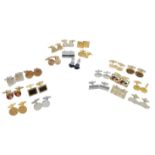 Collection of 20 pairs of metal cufflinks. A variety of designs, shapes, gold tone and silver tone.