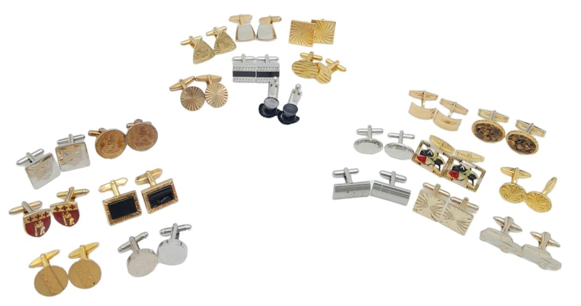 Collection of 20 pairs of metal cufflinks. A variety of designs, shapes, gold tone and silver tone.