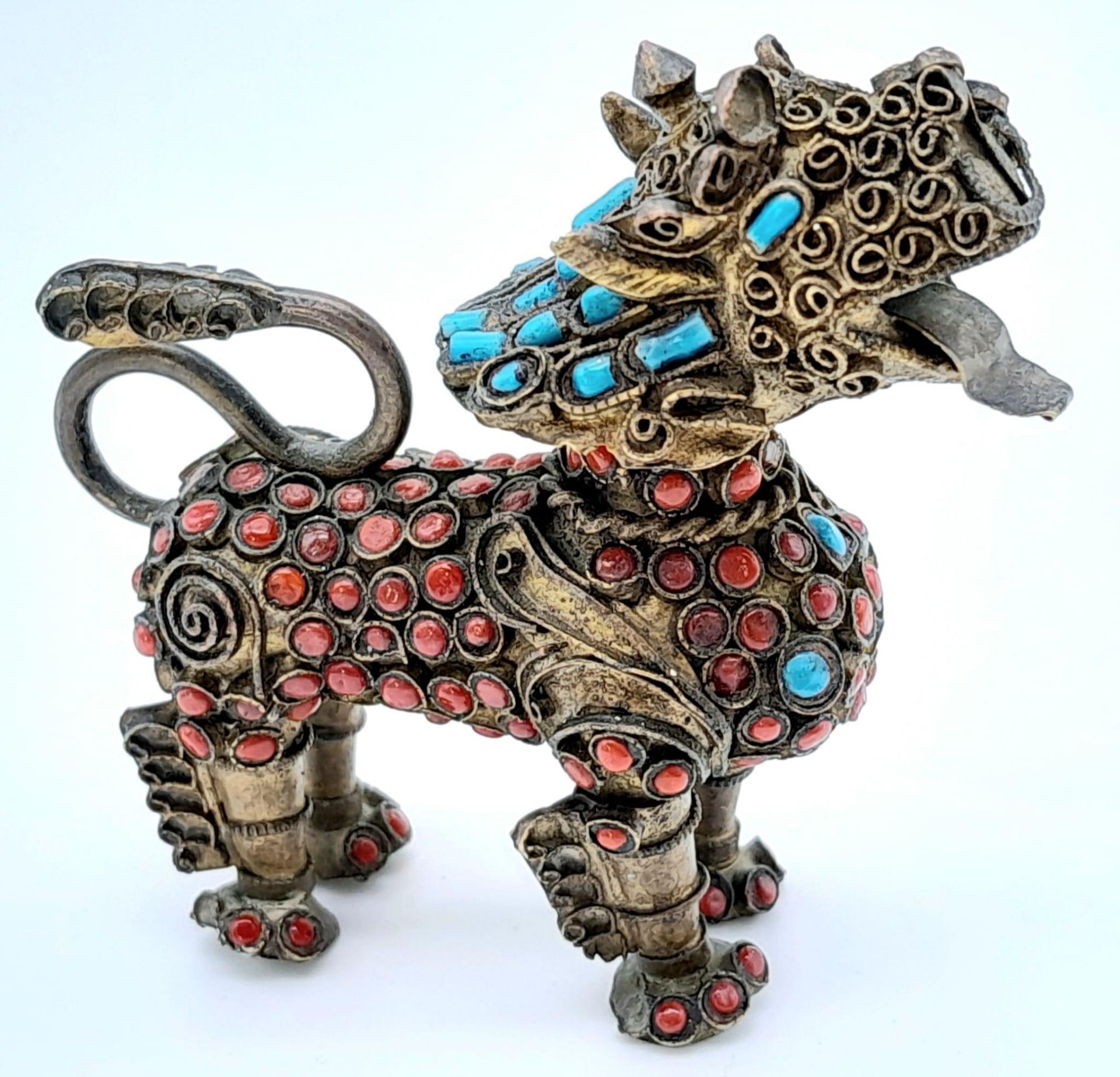 A Rare Antique, Coral and Turquoise Highly Detailed, Gilt Chinese Dog of Foo Snuff Bottle 6cm