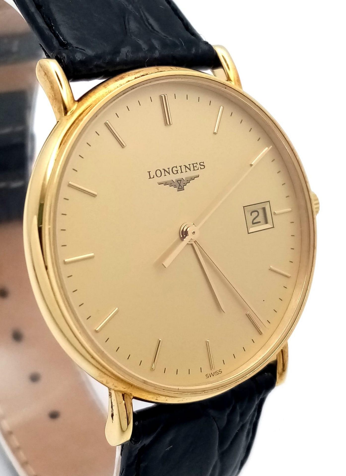 A Longine 18K Gold Cased Gents Watch. Black leather strap. 18k gold case - 33mm. Gilded dial with - Bild 5 aus 11