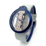 A Verticale Mechanical Top Winder Gents Watch. Blue leatherstrap. Ceramic blue skeleton case - 42mm.