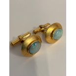 Magnificent PAIR of 14 carat GOLD CUFFLINKS set with GREEN OPAL. 10.69 grams.